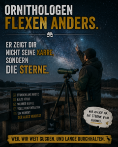 Ornithologie-Meme über Birding, Spektive und Standhaftigkeit auf dem Aussichtsturm.