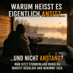 Wildlife-Fotograf mit Spektiv im Versteck. Ornithologie-Meme über Ansitz und Anstand.