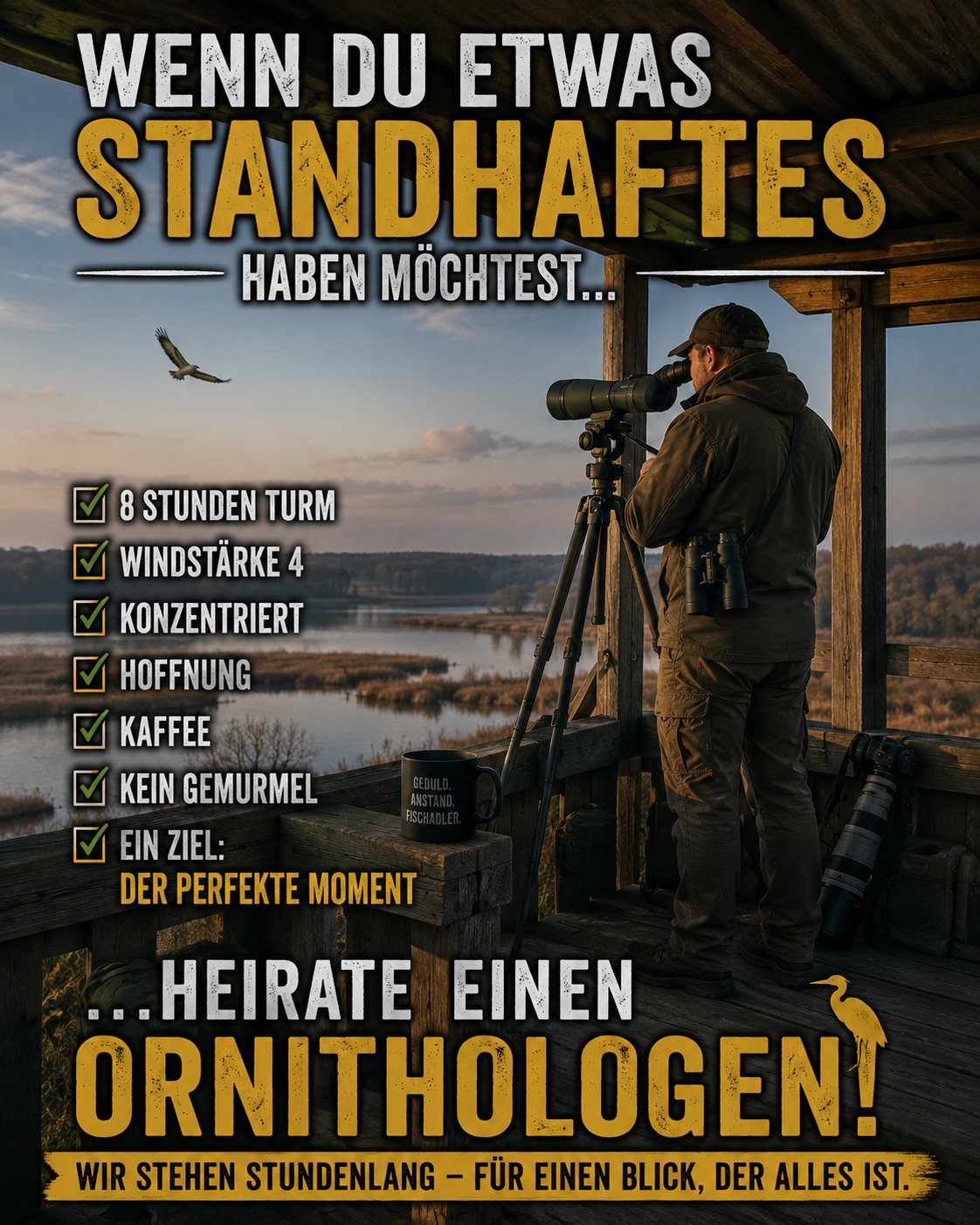 Ornithologie-Meme: Wenn du etwas Standhaftes haben möchtest, heirate einen Ornithologen. Wildlife-Fotograf auf Aussichtsturm mit Spektiv, Kaffee und Geduld.