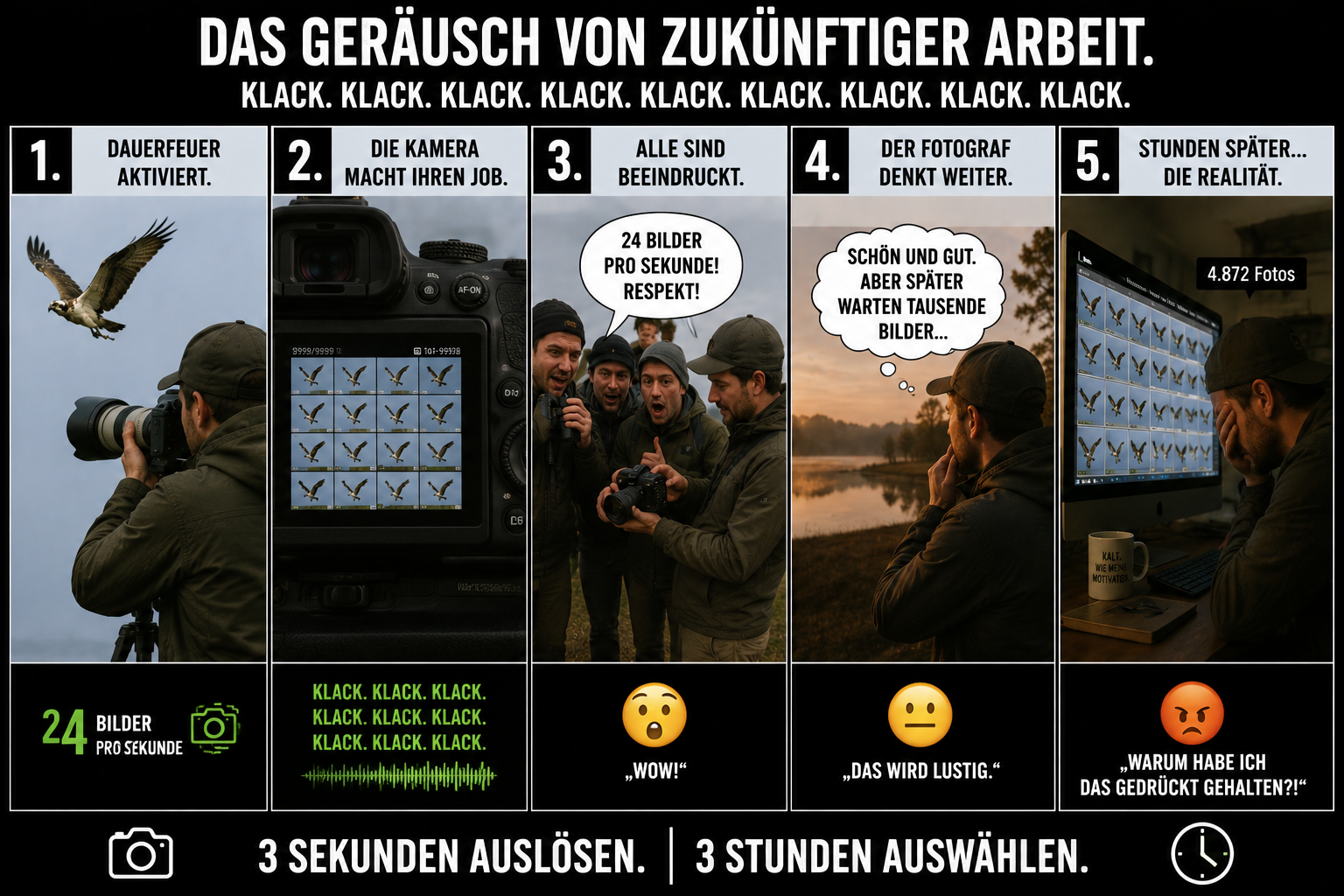 Meme zur Serienbildgeschwindigkeit in der Fotografie: Das Geräusch von zukünftiger Arbeit.